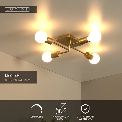 Lucide LESTER - Flush ceiling light - 4xE27 - Matt Gold / Brass - USP